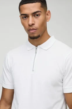 Store boohooMAN Slim 1/4 Zip Pique Golf Polo white