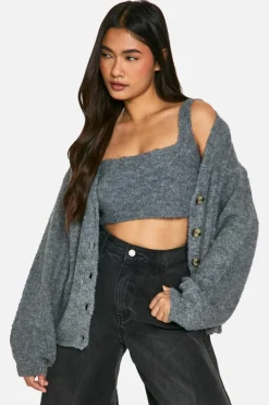 Clearance boohoo Slouchy Cardigan And Bralet Borg Knit Co-ord grey
