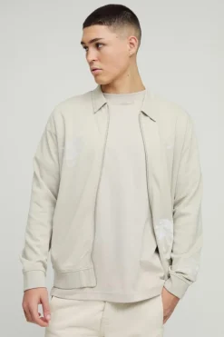 Clearance boohooMAN Smart Harrington Bonded Scuba Super Heavyweight Embroidered Bomber Jacket stone