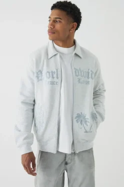 Cheap boohooMAN Smart Harrington Embroidered Super Heavyweight Jersey Bomber Jacket ash grey