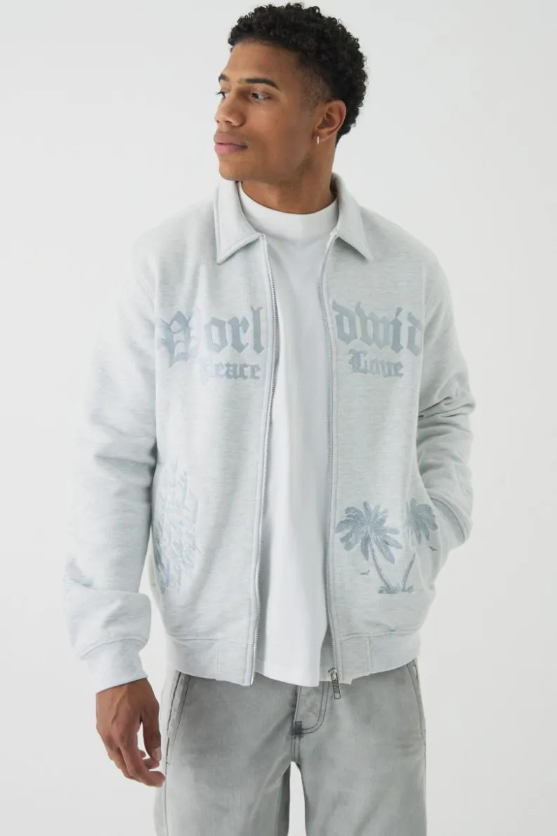 Cheap boohooMAN Smart Harrington Embroidered Super Heavyweight Jersey Bomber Jacket ash grey