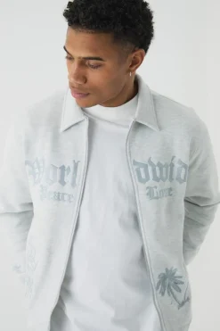 Cheap boohooMAN Smart Harrington Embroidered Super Heavyweight Jersey Bomber Jacket ash grey