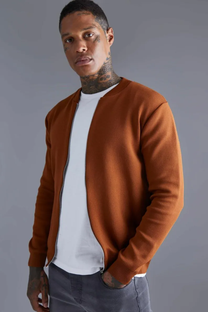 Online boohooMAN Smart Knitted Bomber Jacket taupe
