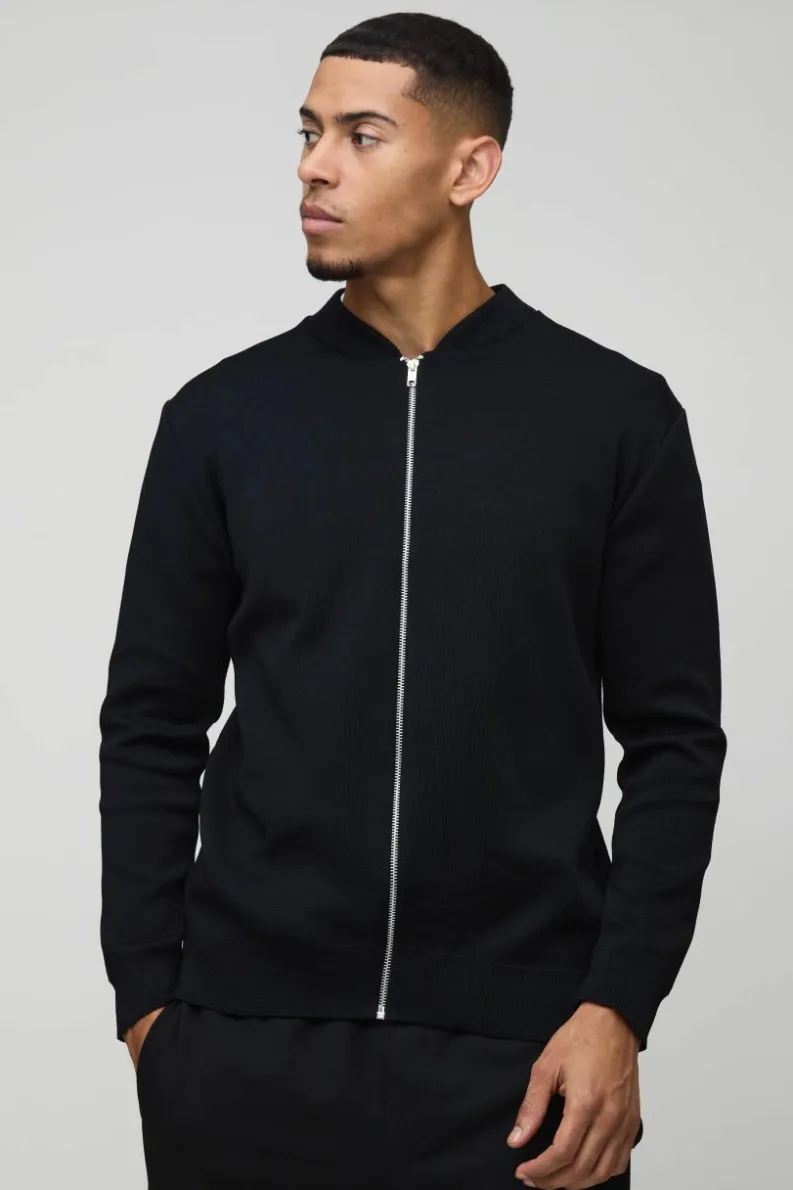 Outlet boohooMAN Smart Knitted Bomber Jacket black