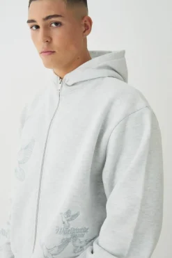 Best boohooMAN Smart Oversized Boxy Embroidered Super Heavyweight Zip Through Loopback Hoodie ash grey