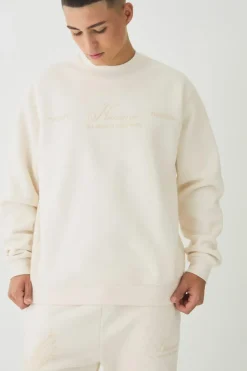 Best boohooMAN Smart Oversized Super Heavyweight Flock Print Sweatshirt ecru