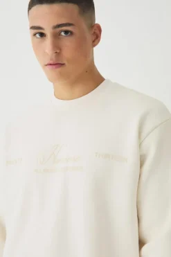 Best boohooMAN Smart Oversized Super Heavyweight Flock Print Sweatshirt ecru