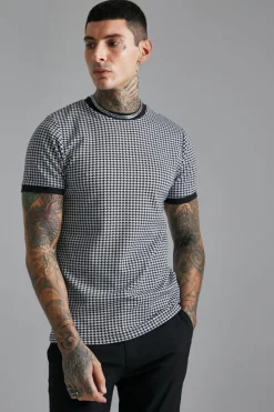 Best boohooMAN Smart Slim Dogtooth Jacquard Ringer T-shirt black