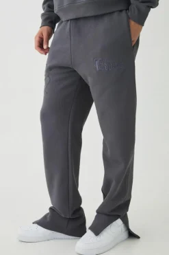 Clearance boohooMAN Smart Split Hem Flock Super Heavyweight Embroidered Joggers charcoal