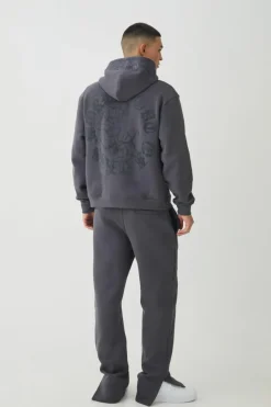 Clearance boohooMAN Smart Split Hem Flock Super Heavyweight Embroidered Joggers charcoal