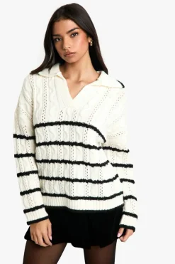 Discount boohoo Soft Knit Cable Stripe Polo Collar Jumper ecru