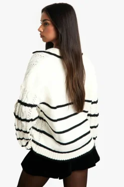 Discount boohoo Soft Knit Cable Stripe Polo Collar Jumper ecru