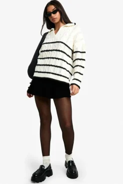 Discount boohoo Soft Knit Cable Stripe Polo Collar Jumper ecru