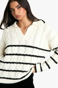 Discount boohoo Soft Knit Cable Stripe Polo Collar Jumper ecru