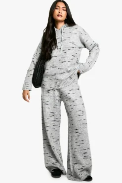 Shop boohoo Soft Knit Marl Oversized Knitted Hoody And Wide Leg Trouser grey