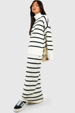 Flash Sale boohoo Soft Knit Stripe Jumper & Maxi Skirt Set ivory