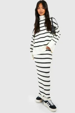 Flash Sale boohoo Soft Knit Stripe Jumper & Maxi Skirt Set ivory