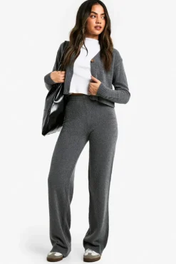 Outlet boohoo Soft Knit V Neck Cardigan and Wide Leg Knitted Co-Ord charcoal