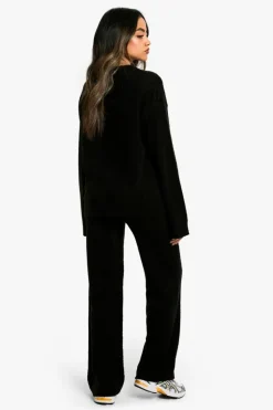 Flash Sale boohoo Soft Knit V Neck Jumper and Wide Leg Knitted Co-Ord black