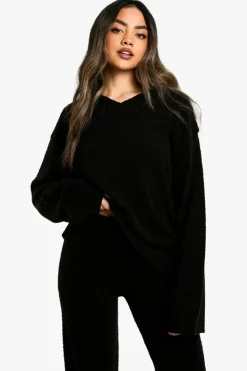 Flash Sale boohoo Soft Knit V Neck Jumper and Wide Leg Knitted Co-Ord black