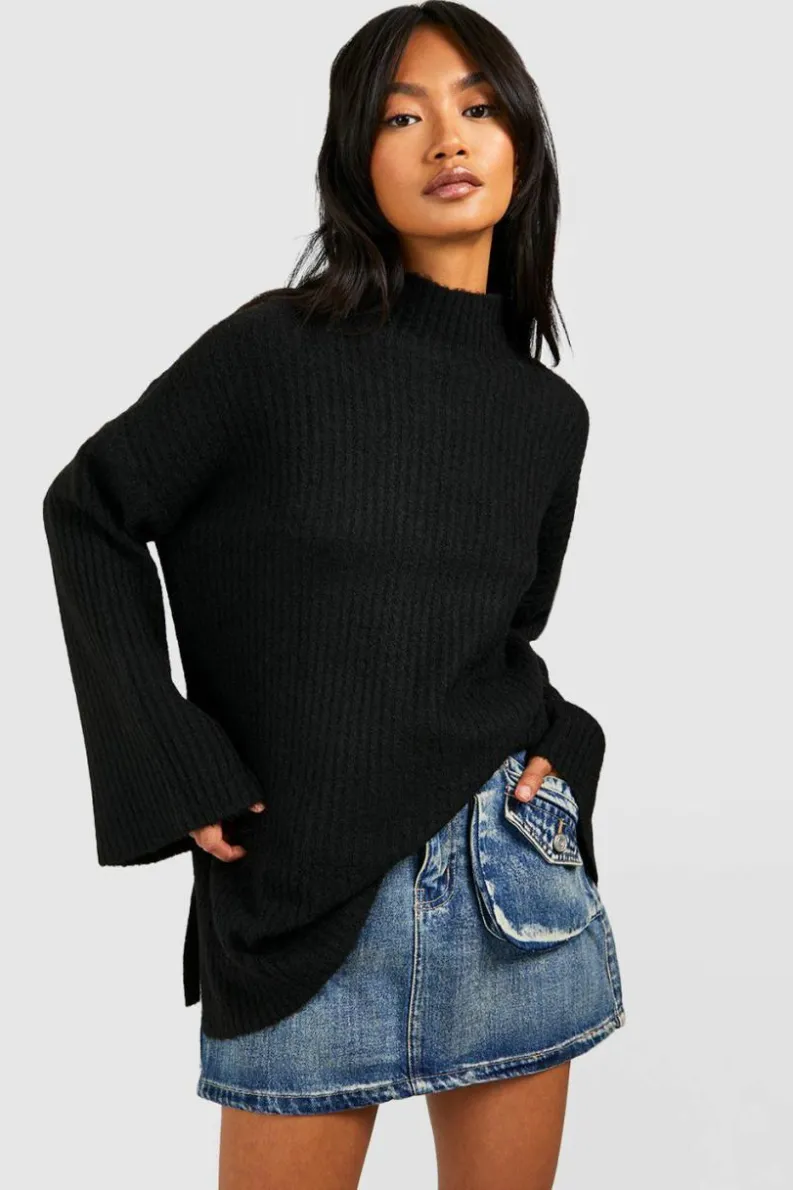 Cheap boohoo Soft Rib Knit High Neck Jumper And Wide Leg Trouser camel