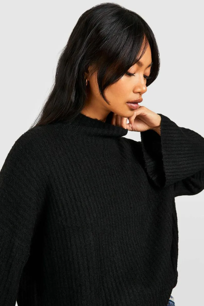 Cheap boohoo Soft Rib Knit High Neck Jumper And Wide Leg Trouser camel