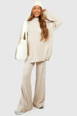 Best boohoo Soft Rib Knit Wide Leg Trousers camel
