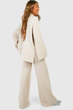 Best boohoo Soft Rib Knit Wide Leg Trousers camel