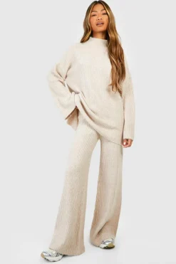 Best boohoo Soft Rib Knit Wide Leg Trousers camel