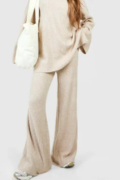 Best boohoo Soft Rib Knit Wide Leg Trousers camel