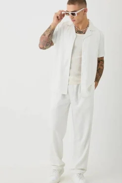 Outlet boohooMAN Soft Twill Tonal Monogram Shirt & Trouser Set white