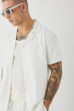Outlet boohooMAN Soft Twill Tonal Monogram Shirt & Trouser Set white