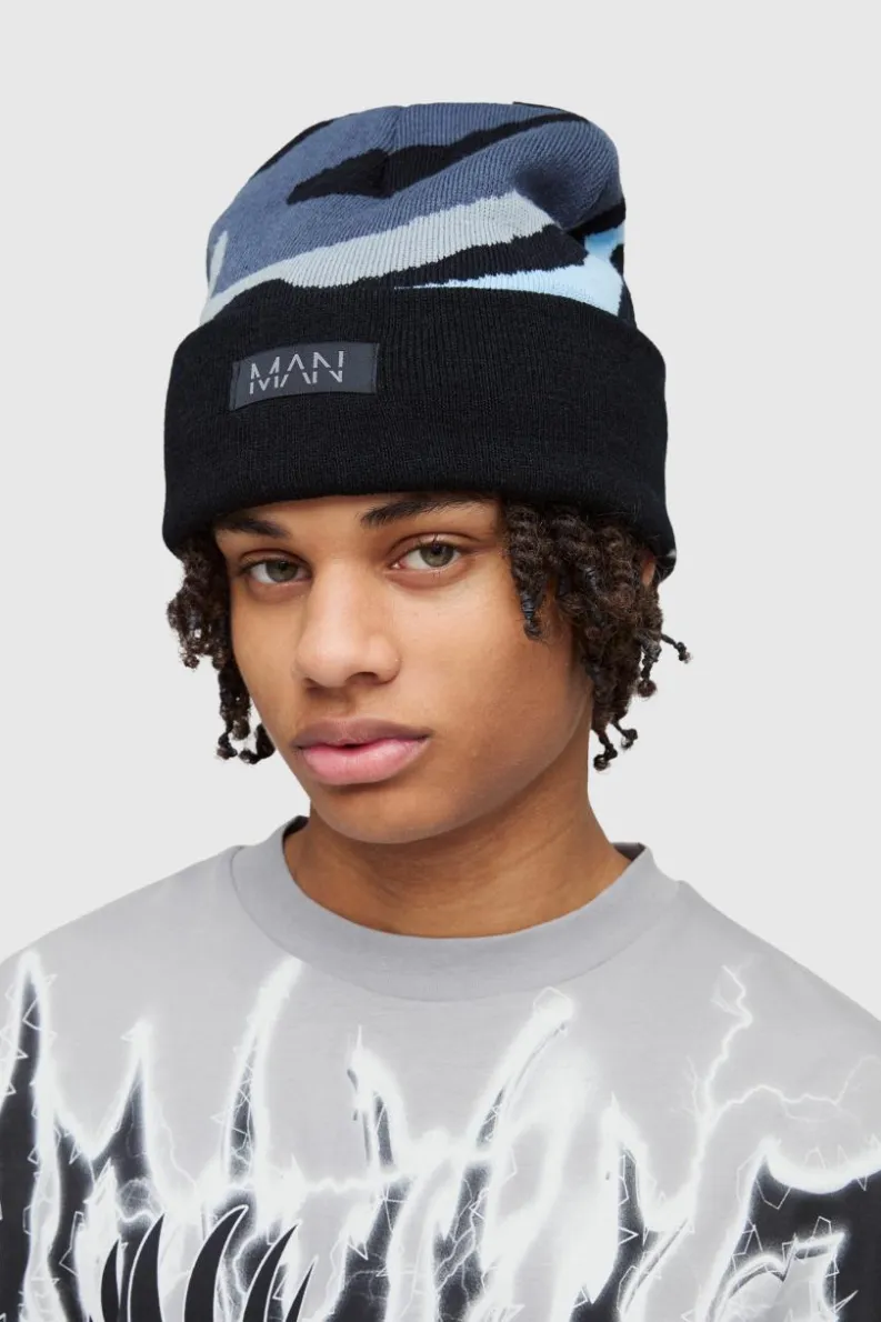 Cheap boohooMAN Spray Paint Effect Graphic Beanie black