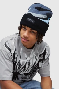Cheap boohooMAN Spray Paint Effect Graphic Beanie black