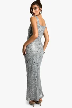 Store boohoo Square Neck Sequin Column Maxi Dress silver