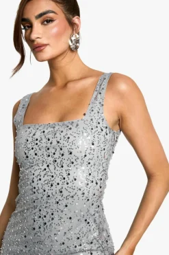Store boohoo Square Neck Sequin Column Maxi Dress silver