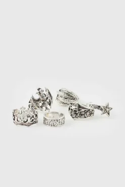 Cheap boohooMAN Star And Skull Ring 5 pack silver