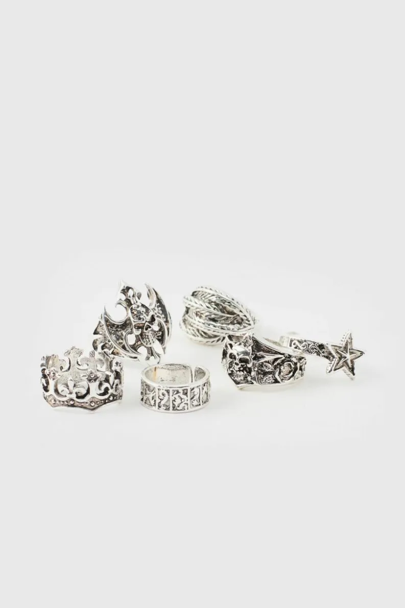 Cheap boohooMAN Star And Skull Ring 5 pack silver