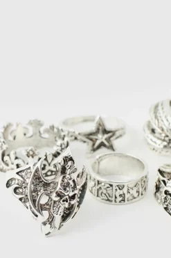 Cheap boohooMAN Star And Skull Ring 5 pack silver