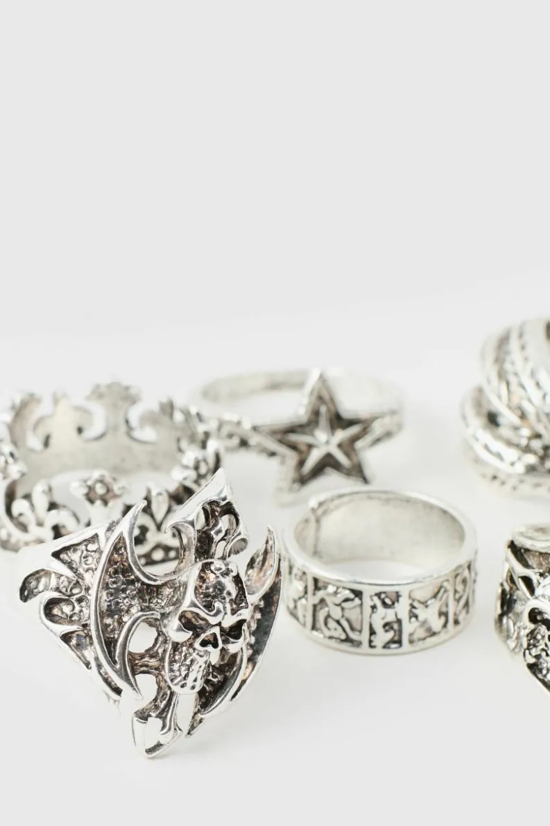 Cheap boohooMAN Star And Skull Ring 5 pack silver