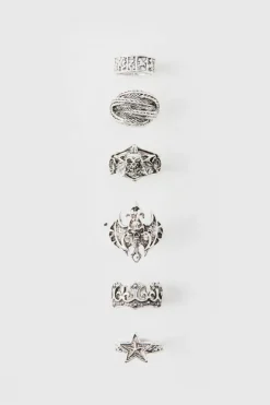 Cheap boohooMAN Star And Skull Ring 5 pack silver