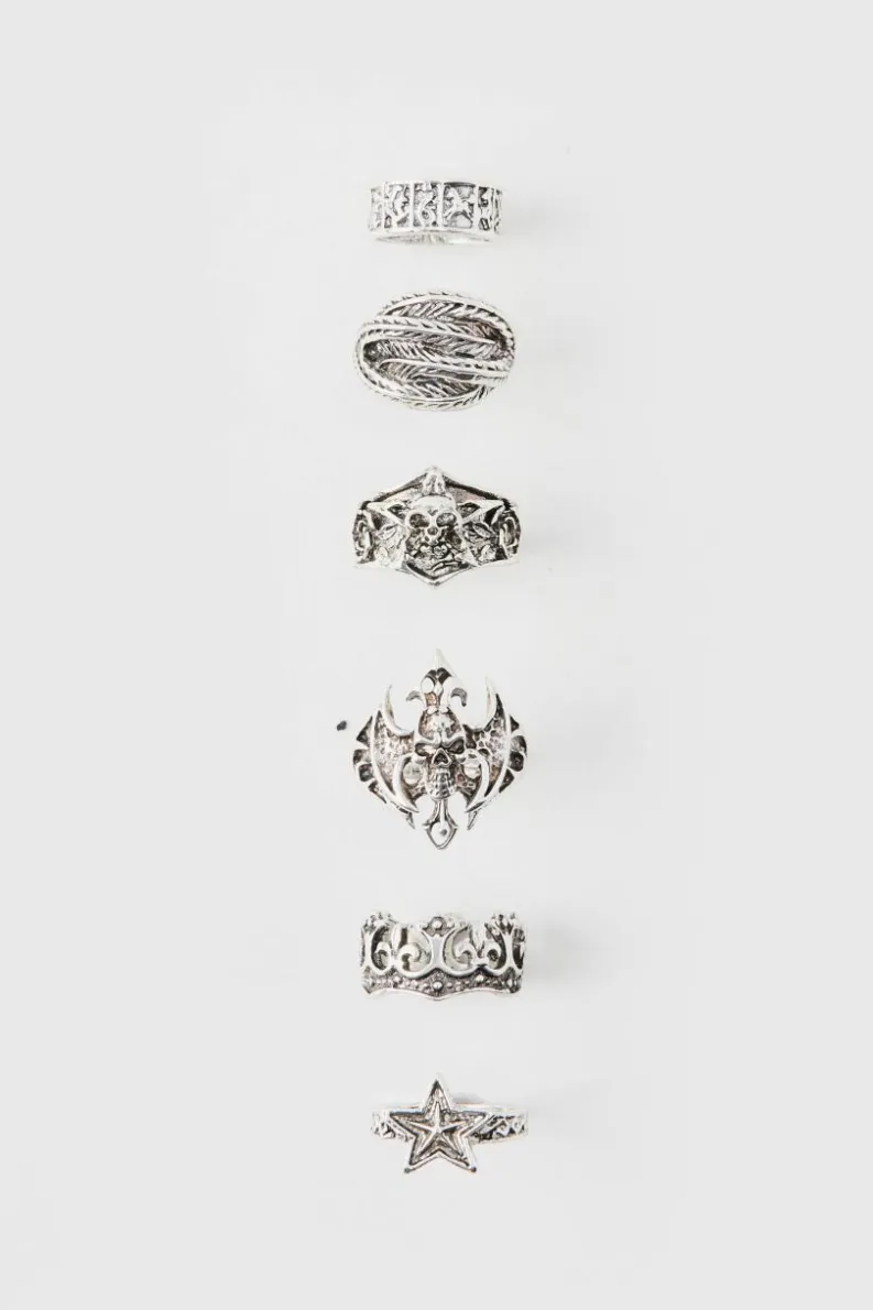 Cheap boohooMAN Star And Skull Ring 5 pack silver