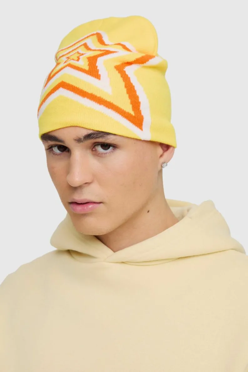 Sale boohooMAN Star Graphic Beanie in yellow