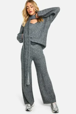 Best boohoo Stitch Detail V Neck Oversized Knitted Jumper And Scarf And Wide Leg Trouser grey