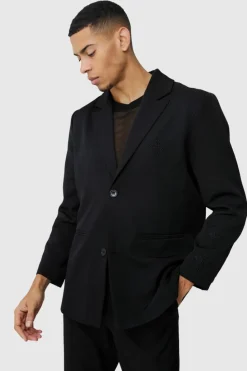 Shop boohooMAN Straight Fit Cross Applique Blazer black