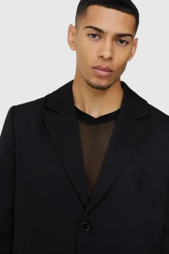 Shop boohooMAN Straight Fit Cross Applique Blazer black
