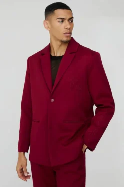 Cheap boohooMAN Straight Fit Cross Applique Blazer burgundy