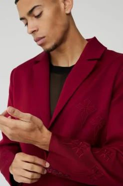 Cheap boohooMAN Straight Fit Cross Applique Blazer burgundy