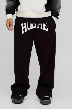 Outlet boohooMAN Straight Fit Homme Print Split Hem Jogger black