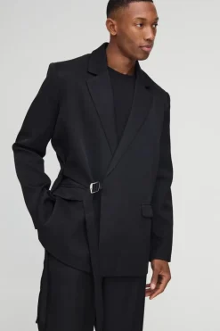Cheap boohooMAN Straight Fit Wrap Front Blazer black
